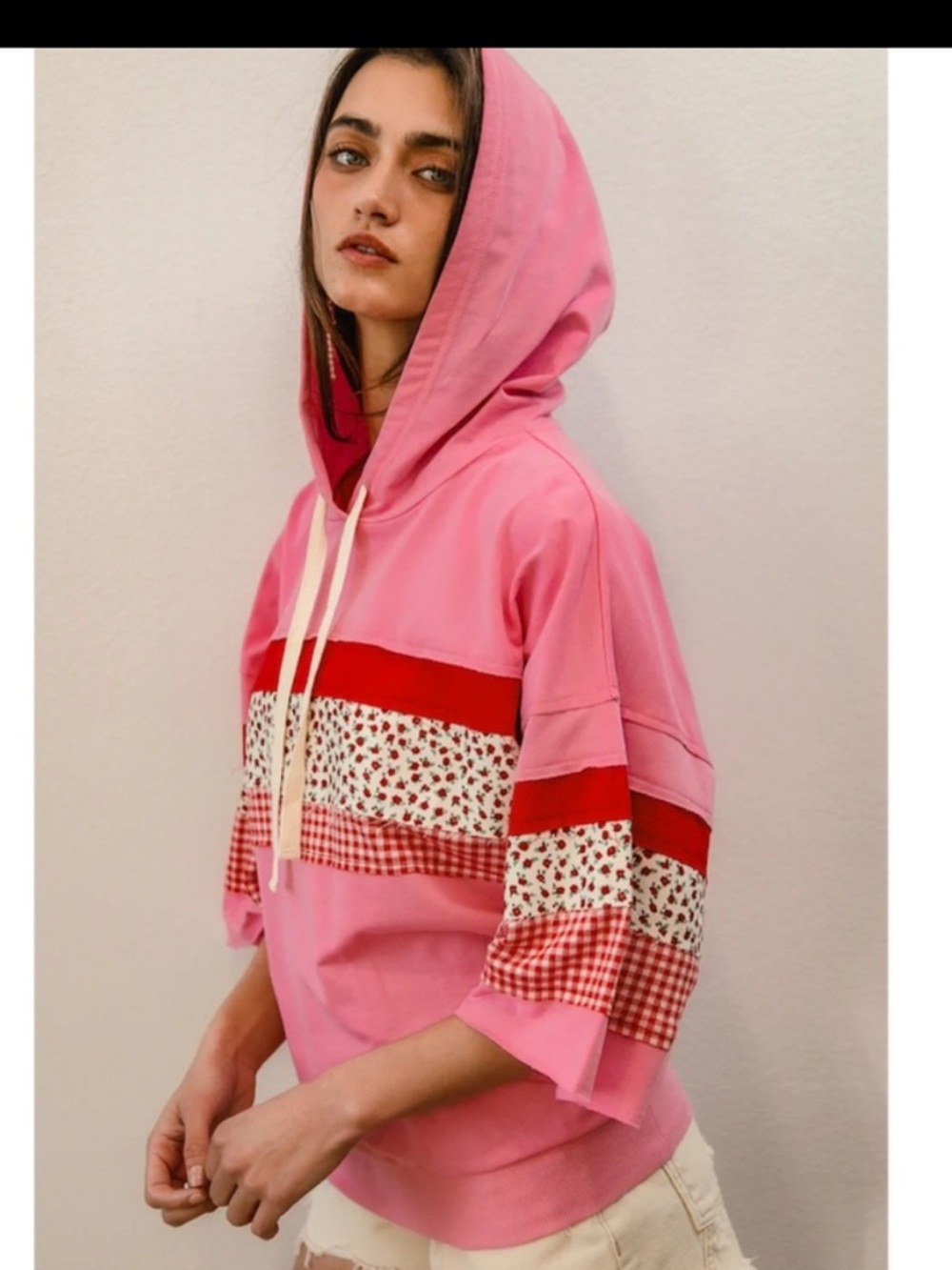 BiBi Pink Hoodie with Red & White Patterned Stripes,NWOT - Picture 2 of 3